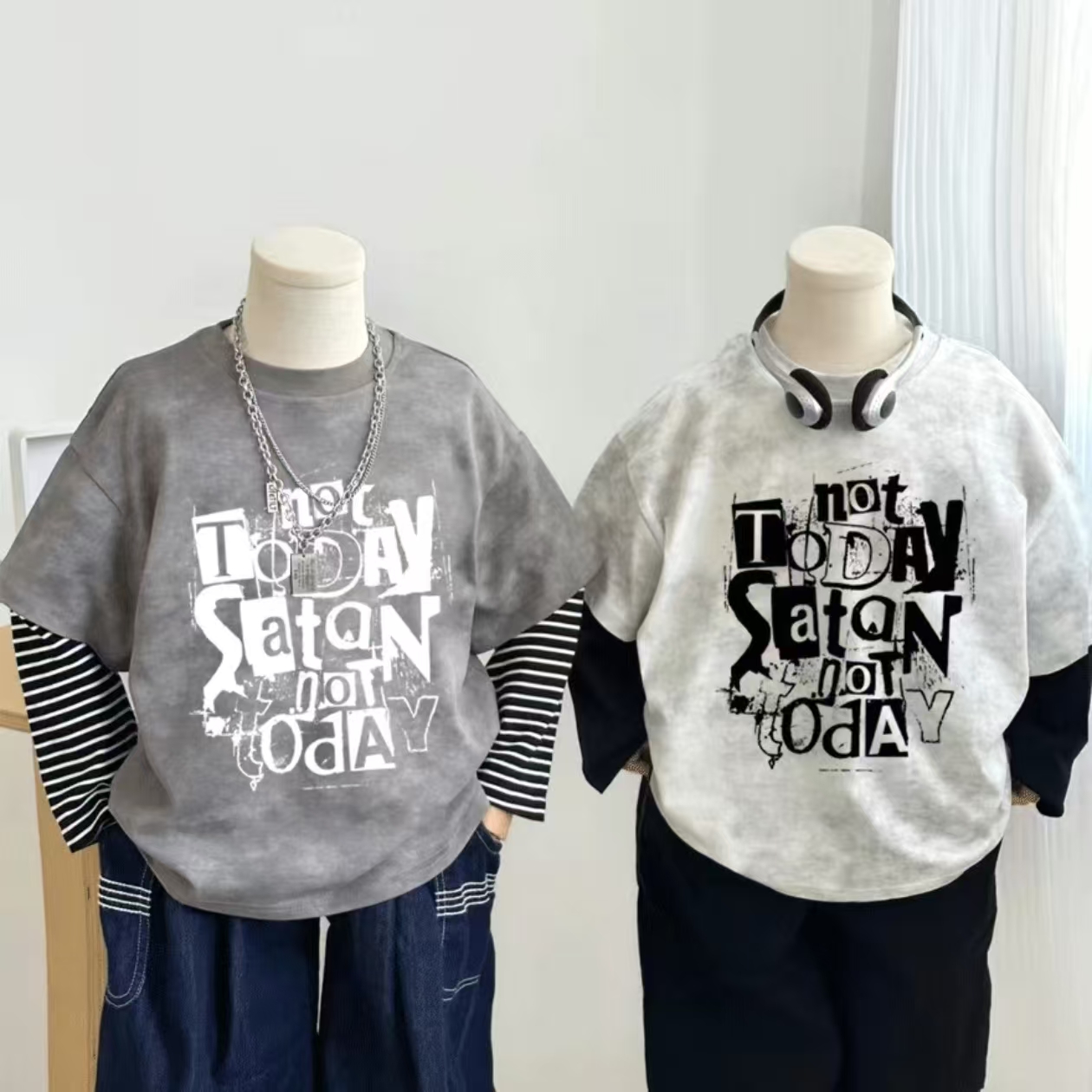 男童纯棉假两件扎染长袖T恤