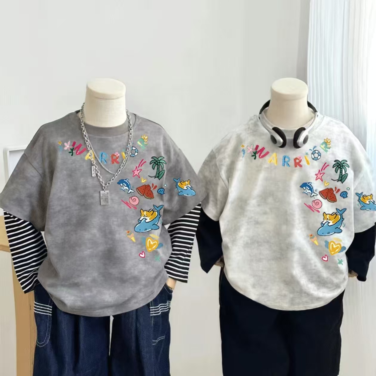 儿童纯棉扎染假两件长袖T恤