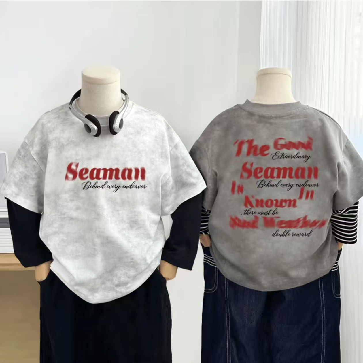 男童扎染纯棉假两件长袖T恤