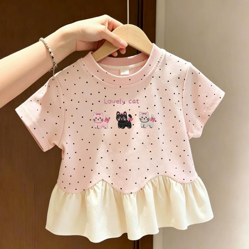 波点女童夏季新款韩版时尚短袖中大童卡通T恤百搭印花蕾丝边透气