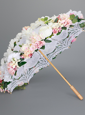 法式复古蕾丝洋伞仿真花伞洛丽塔白色新娘出嫁伞拍摄景区装饰道具