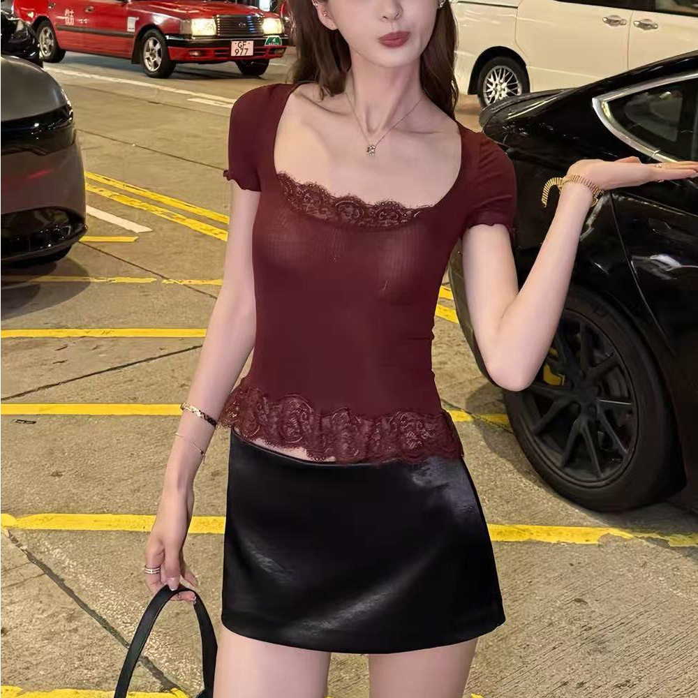 经典复古风睫毛蕾丝花边修身性感大圆领T恤女