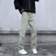 男女高街休闲宽松微喇长裤 美式 复古洗水拼接直筒大口袋牛仔裤 子