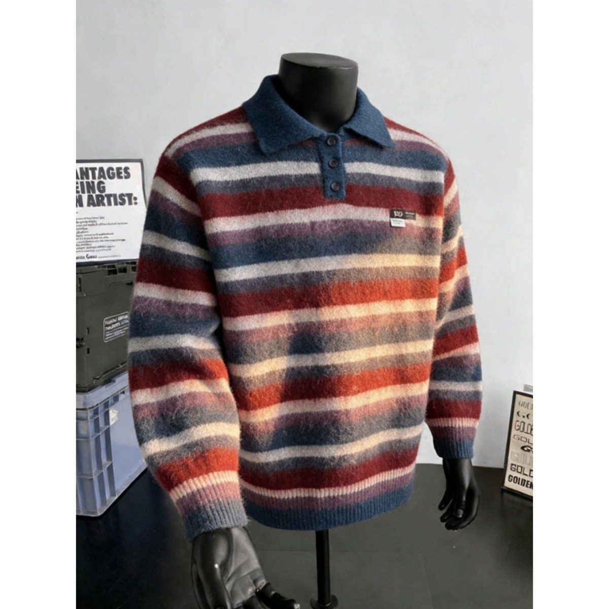 美式慵懒覆古宽松polo领条纹毛衣男女秋冬老钱风新款翻领上衣潮流,男装,针织衫/毛衣,淘宝优惠券,粉丝福利购,淘宝优惠卷