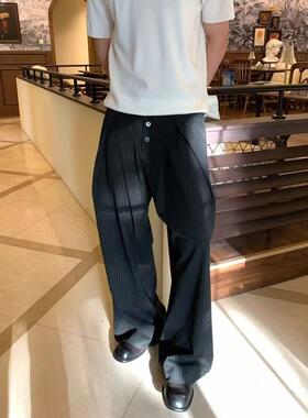1012H老钱复古阔腿显瘦条纹西裤设计感排扣宽松休闲长裤男女