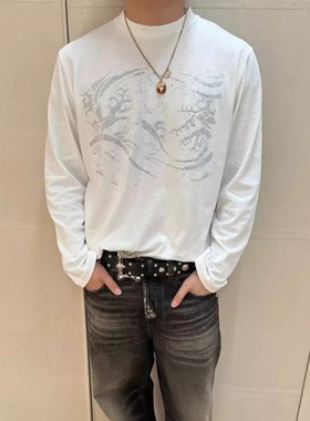 Our Legacy风格白色翻转渐隐印花长袖圆领T恤宽松休闲百搭上衣衫