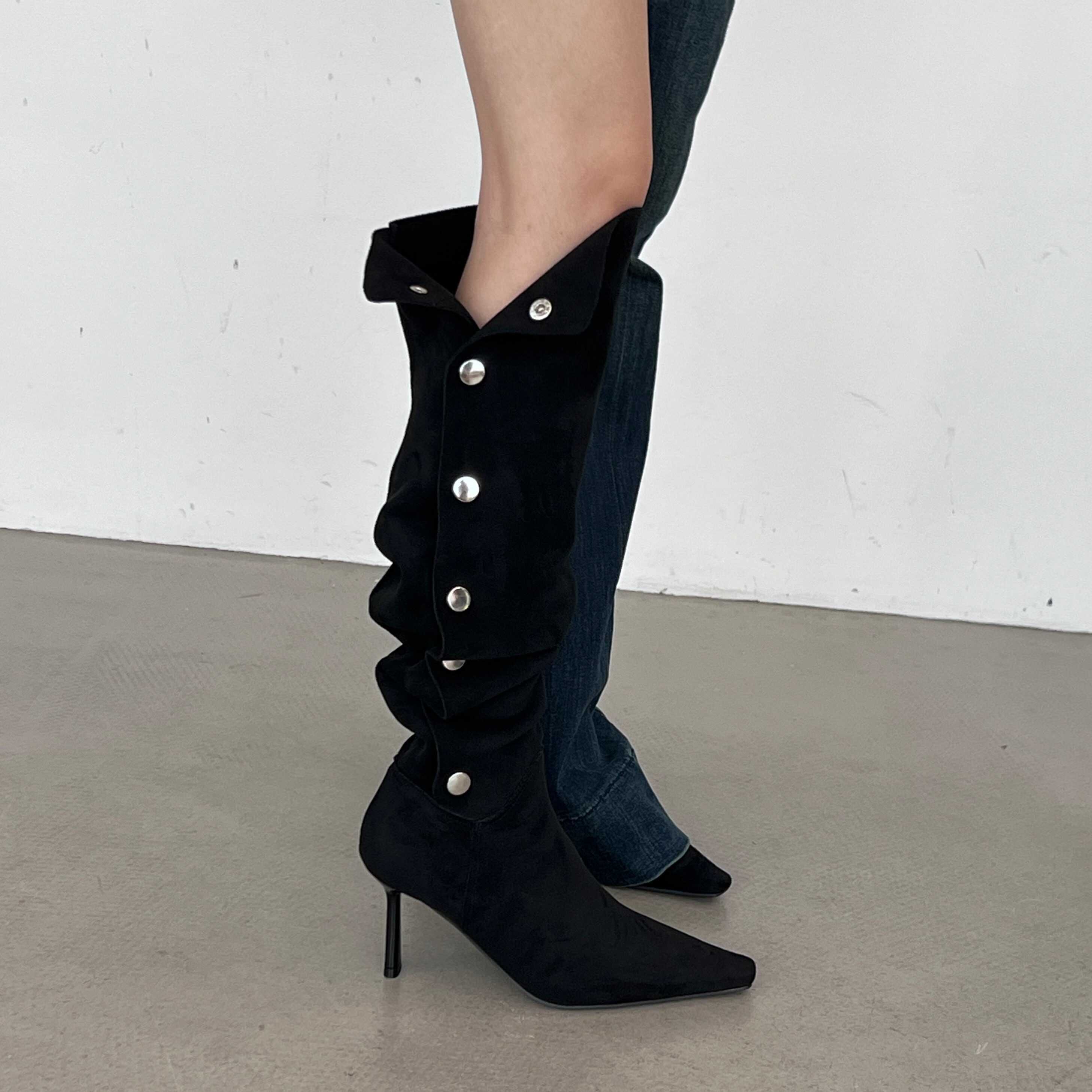 一靴多穿设计感绒面堆堆靴尖头细跟过膝长筒靴铆钉扣两穿瘦瘦靴