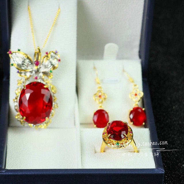 精品多面宝石项链耳环三件套组合套装女款复古时尚百搭首饰品