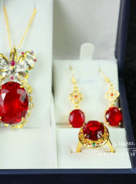 精品多面宝石项链耳环三件套组合套装女款复古时尚百搭首饰品