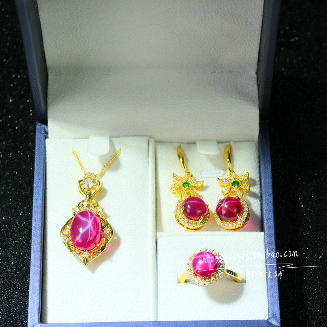 精品老红宝石项链耳环三件套组合套装女款复古时尚百搭首饰品