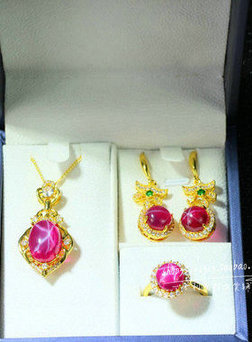 精品老红宝石项链耳环三件套组合套装女款复古时尚百搭首饰品