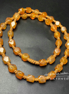 藏传天然糖润黄玛瑙八棱珠项链文玩老玛瑙108百搭佛珠念珠锁骨链