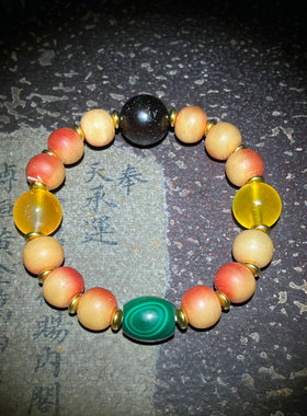 藏传高油老牛骨驼骨圆珠手串手链配玛瑙孔雀石多宝文玩佛珠念珠串