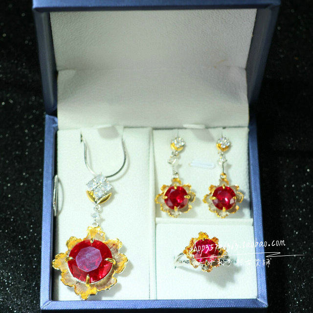 精品多面红宝石项链耳环三件套组合套装女款复古时尚百搭首饰品