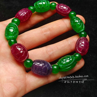 精品缅甸高冰老翡翠浮雕龟甲手串手链红翠玉手链佛珠念珠百搭手钏