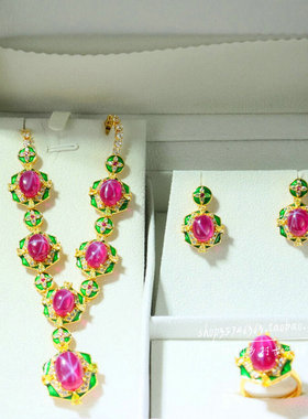 精品星光红宝石项链耳环三件套组合套装女款复古时尚百搭首饰品