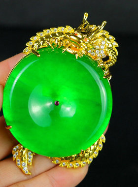 精品老翡翠冰种阳绿金镶玉平安扣项链吊坠女款百搭毛衣链项链挂件