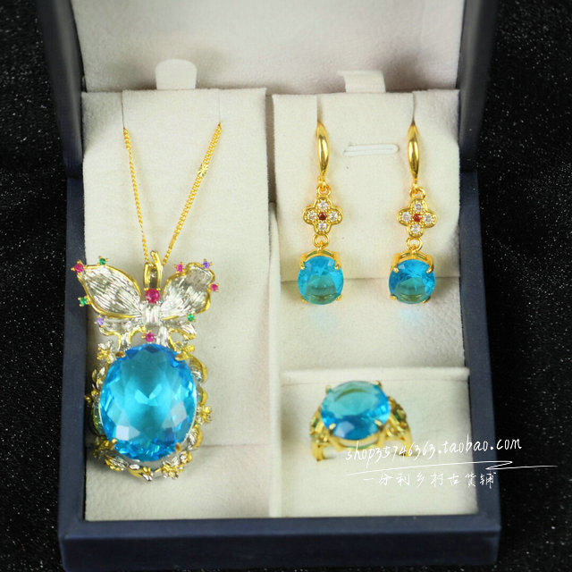 精品老蓝宝石项链耳环三件套组合套装女款复古时尚百搭首饰品