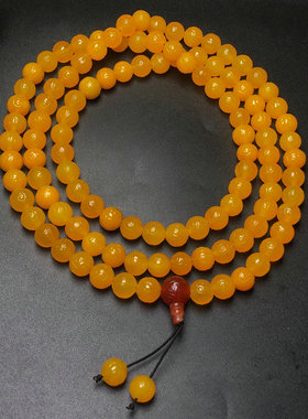 藏传天然油润黄玛瑙圆珠项链文玩云纹老玛瑙108颗百搭佛珠锁骨链
