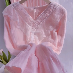 睡衣女秋冬季公主风法兰绒女士家居服两件套甜美花边加绒睡衣套装