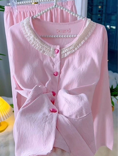 四季春秋新款彩棉软绵薄甜美减龄简约大气女士长袖睡衣套装带胸垫