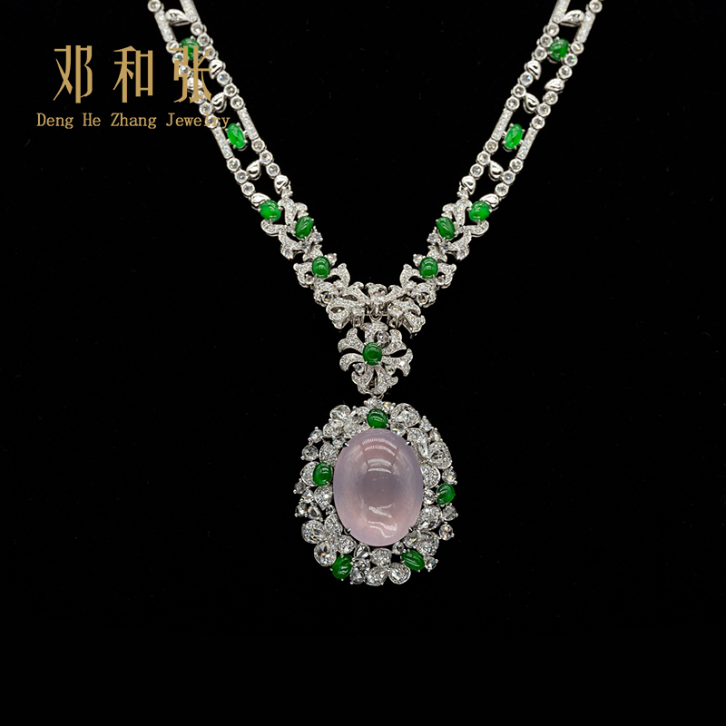 鄧和張珠寶18K金K白鑲嵌蛋面翡翠紫翡翠鉆石項(xiàng)鏈高定項(xiàng)鏈