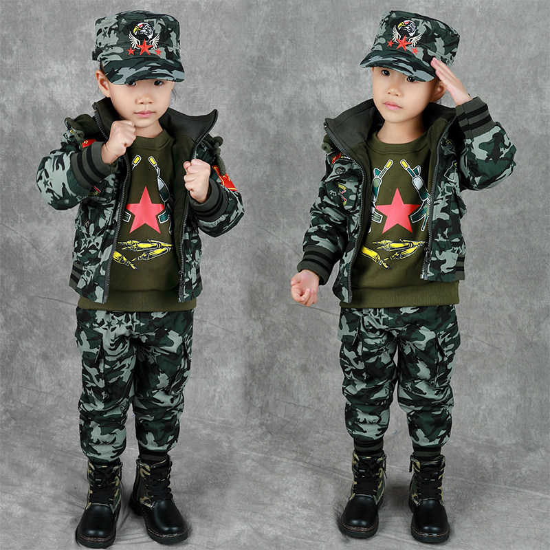 冬季新款加绒加厚棉服儿童迷彩服套装男童休闲运动装小孩子军训服