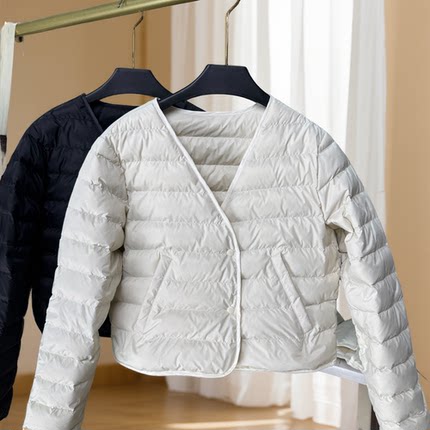高品质新款90%白鹅绒长袖羽绒内胆口袋款内搭轻薄保暖修身V领短款