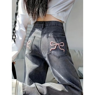 eihey诶嘿卡通图案个性刺绣复古宽松直筒休闲裤牛仔长裤阔腿裤女