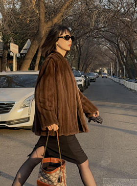 中古风仿水貂绒环保皮草中长款大衣女抽刀纹V领宽松毛毛外套冬季