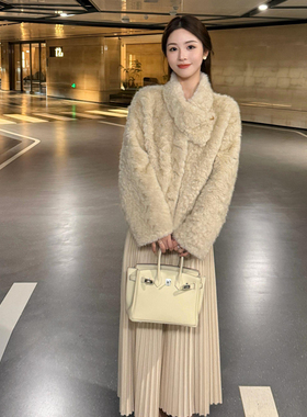 环保皮草女羊羔毛短款气质围巾领毛毛外套秋冬高级设计感皮毛一体