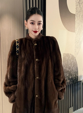 贵气仿貂绒大衣女抽刀纹中长款立领中古环保水貂皮草毛毛外套冬季