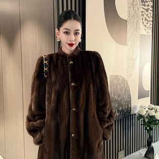 贵气仿貂绒大衣女抽刀纹中长款 立领中古环保水貂皮草毛毛外套冬季