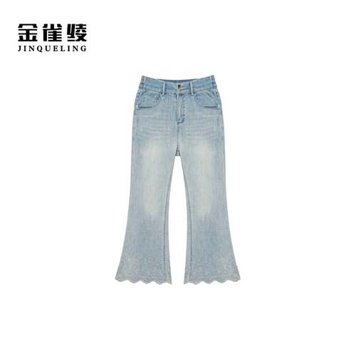 金雀绫【法绣】夏季水洗显瘦加宽加大微喇九分牛仔裤SZBLW043
