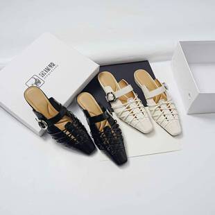 金雀绫 SZBAM9372 复古小众设计感细带镂空软底拖鞋