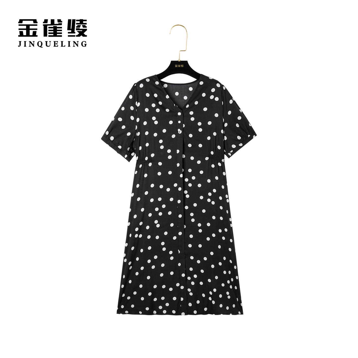 【金雀绫】真丝桑蚕丝连衣裙夏季新款V领波点收腰连衣裙B23062