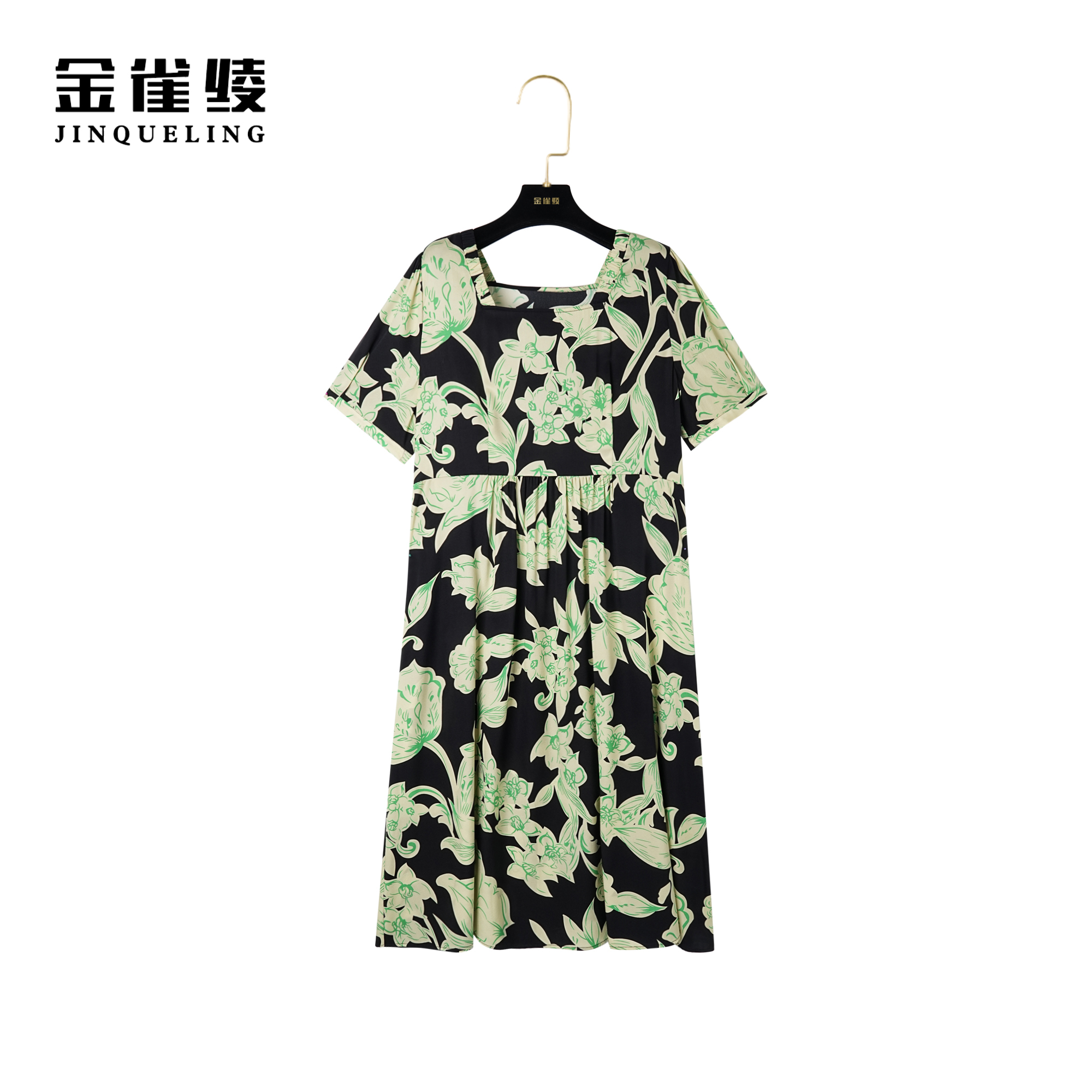 金雀绫【公爵夫人】真丝桑蚕丝法式轻奢方领显瘦气质连衣裙B23038