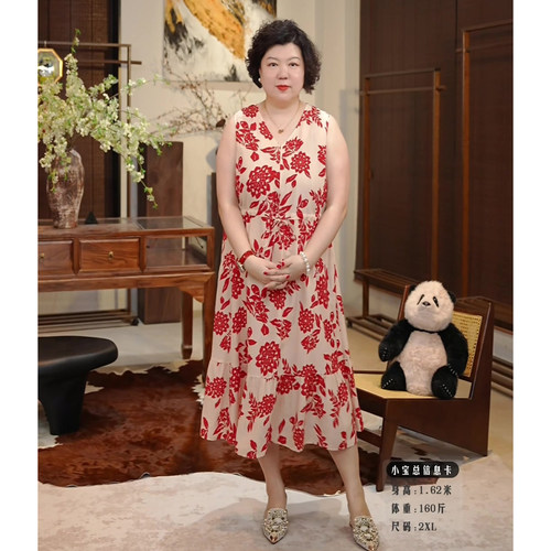 金雀绫【红睡莲】复古时尚透气加宽加大背心连衣裙SZBW151