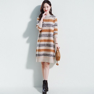 2025秋冬新款气质条纹撞色半高领宽松显瘦打底羊毛针织连衣裙女装