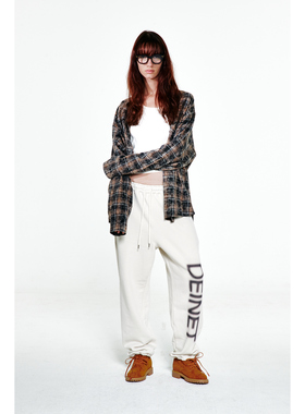 Deinet韩国代购复古做旧磨毛字母印花格子衬衫纯棉长袖宽松衬衣