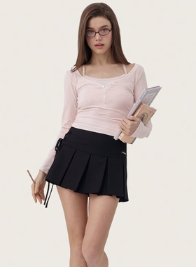 kleesier韩国设计师品牌粉色长袖假两件长袖修身新品时尚T恤衫