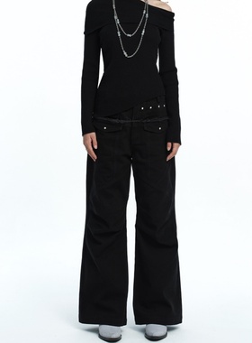 Roughneck韩国代购2025秋新款时尚纯棉喇叭直筒裤女解构休闲裤子