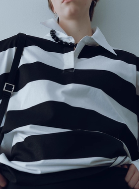 Deinet韩国直邮宽松oversize黑白条纹纯棉polo衫百搭长袖T恤