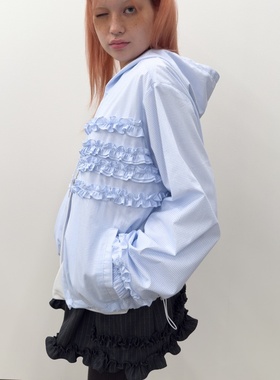 韩国代购上衣女TYPESERVICE2025秋季新款纯棉荷叶边连帽夹克外套