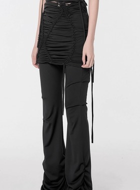 flareup韩国代购假两件拼接微喇牛仔裤冬季新款手工褶皱设计裙裤