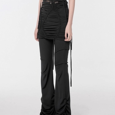 假两件拼接手工褶皱设计牛仔裙裤