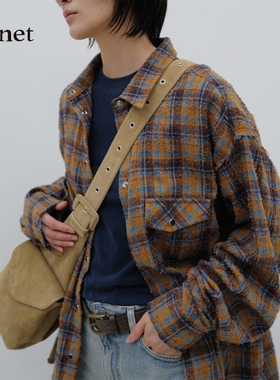 Deinet韩国小众品牌复古格纹拼色简约宽松衬衫翻领休闲打底衫上衣