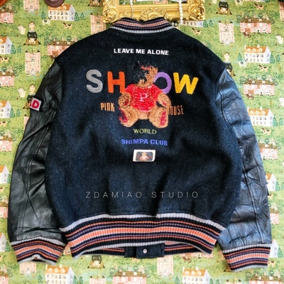 PINKHOUSE中古vintage小熊刺绣复古牛皮袖毛呢外套棒球服秋冬古着