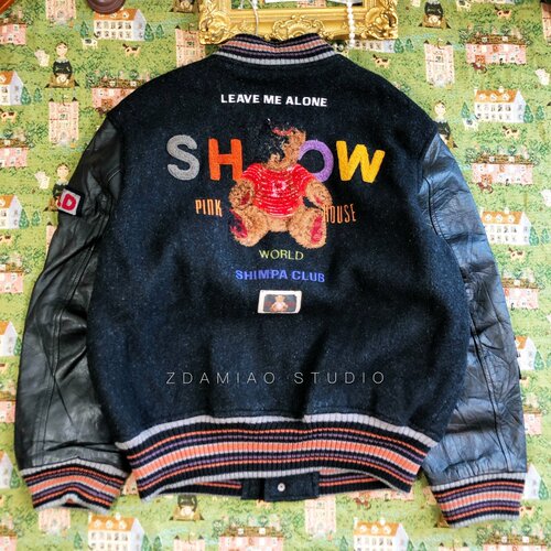 PINKHOUSE中古vintage小熊刺绣复古牛皮袖毛呢外套棒球服秋冬古着