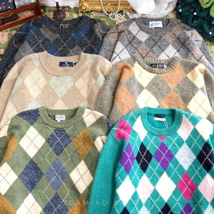 ZDAMIAO日本制古着vintage复古秋冬菱格纹羊毛V领毛衣英伦学院